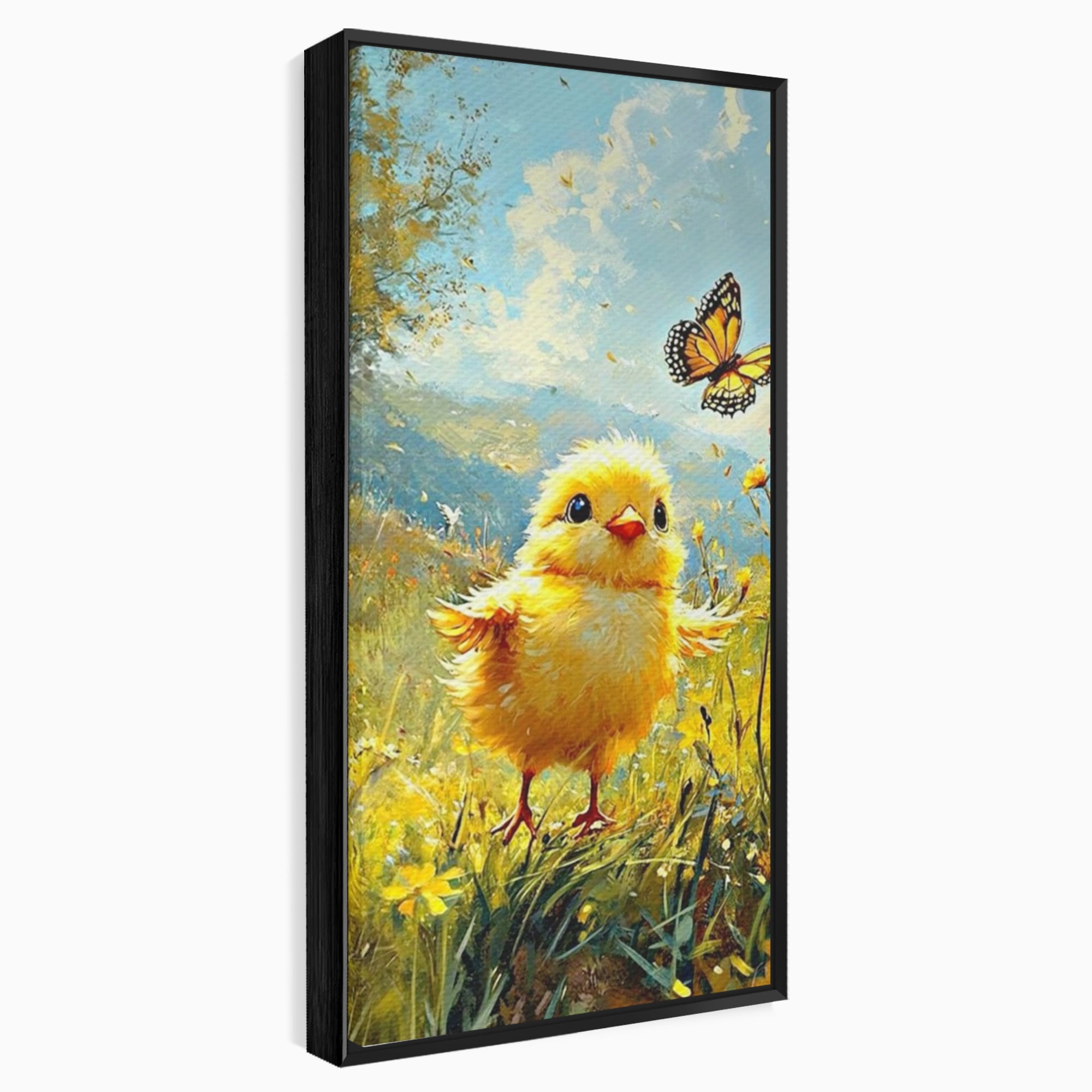 Tablou canvas cu tablou canvas cu pui de pasare si fluture, in rama de aluminiu negru